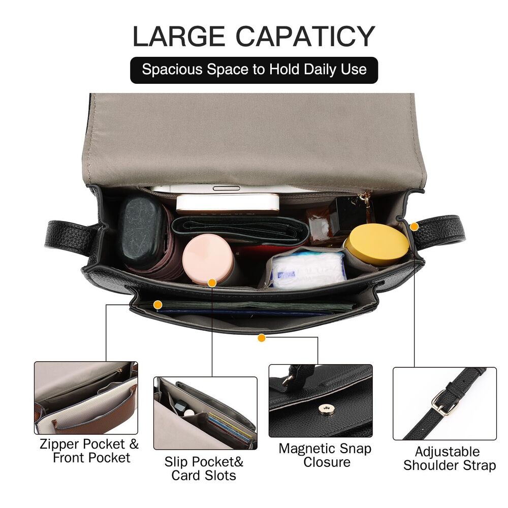 8175 Crossbody Bags Saddle Purse Cute Shoulder Handbag Pebble Leather Black - Picture 5 of 7